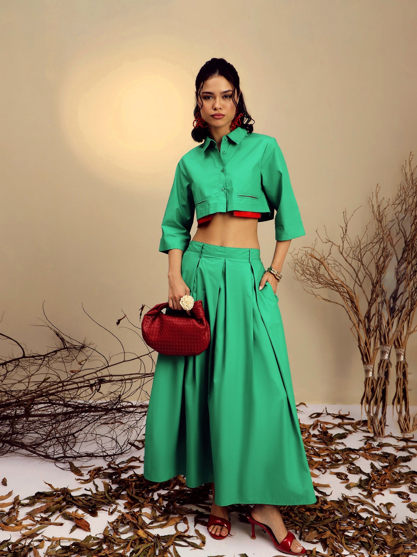Green Poplin Crop Shirt With Pleated Skirt