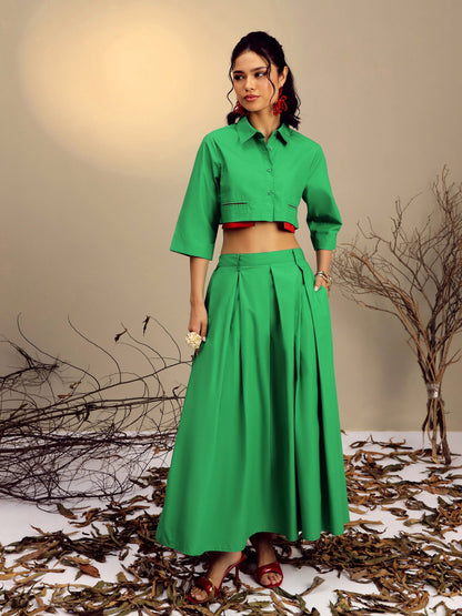 Green Poplin Crop Shirt With Pleated Skirt