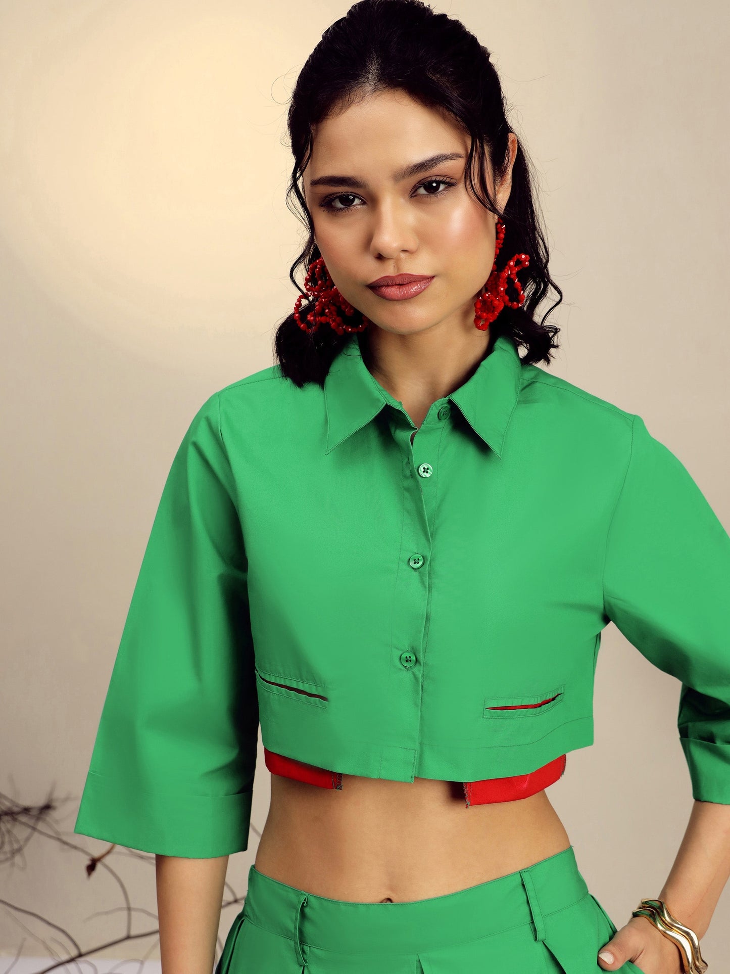 Green Poplin Crop Shirt With Pleated Skirt