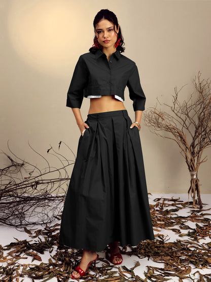 Black Poplin Crop Shirt With Pleated Skirt