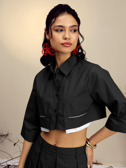 Black Poplin Crop Shirt With Pleated Skirt