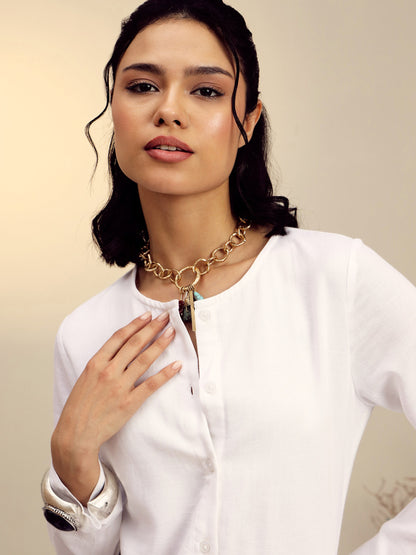 White Full Sleeves Top With Mom Fit Pants