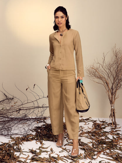 Beige Full Sleeves Top With Mom Fit Pants