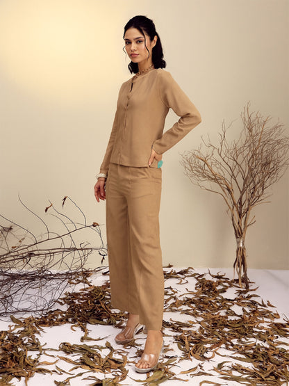 Beige Full Sleeves Top With Mom Fit Pants