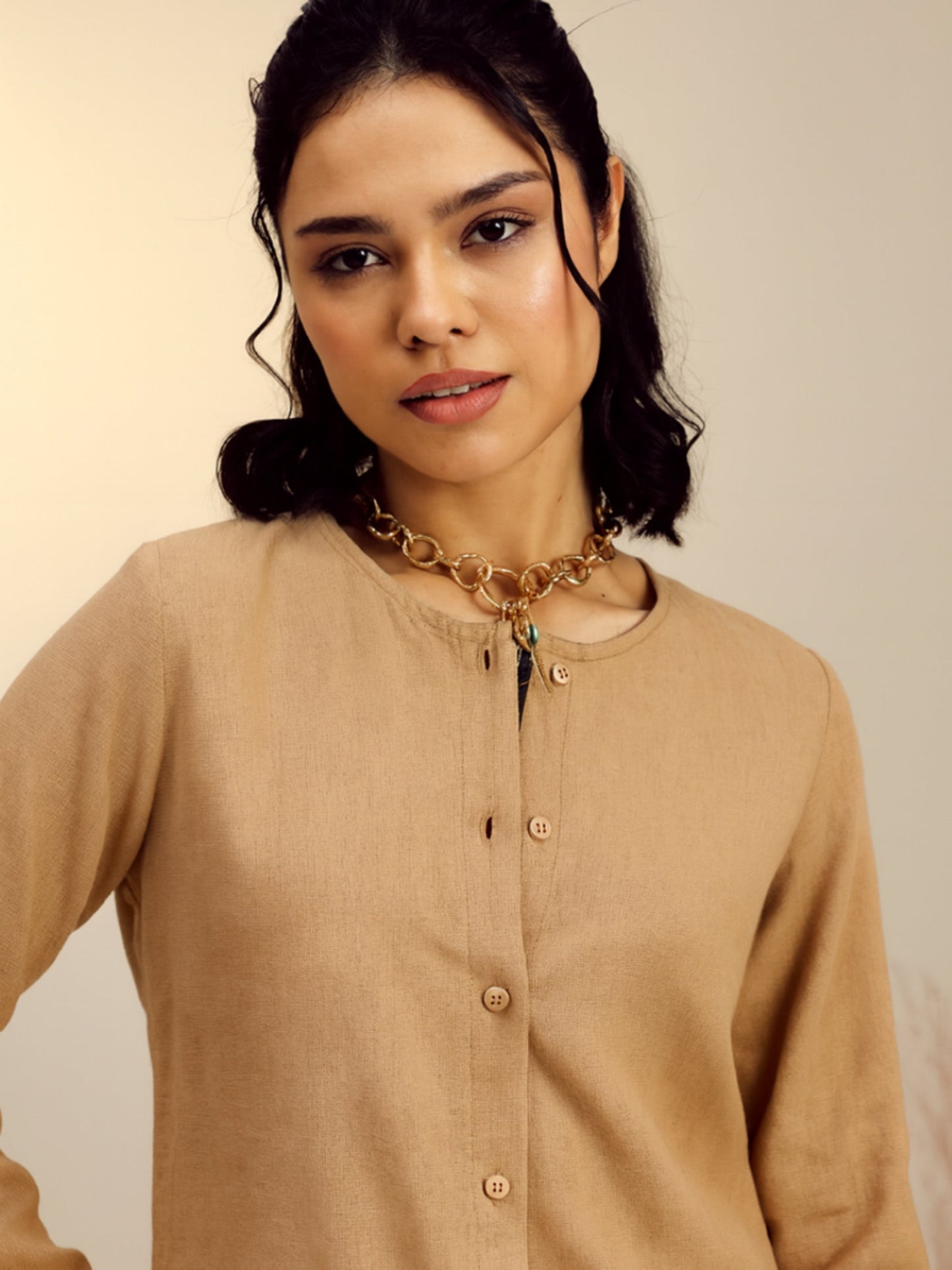 Beige Full Sleeves Top With Mom Fit Pants