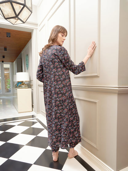 Black Floral Longline Shrug With Lounge Pants & Rib Top