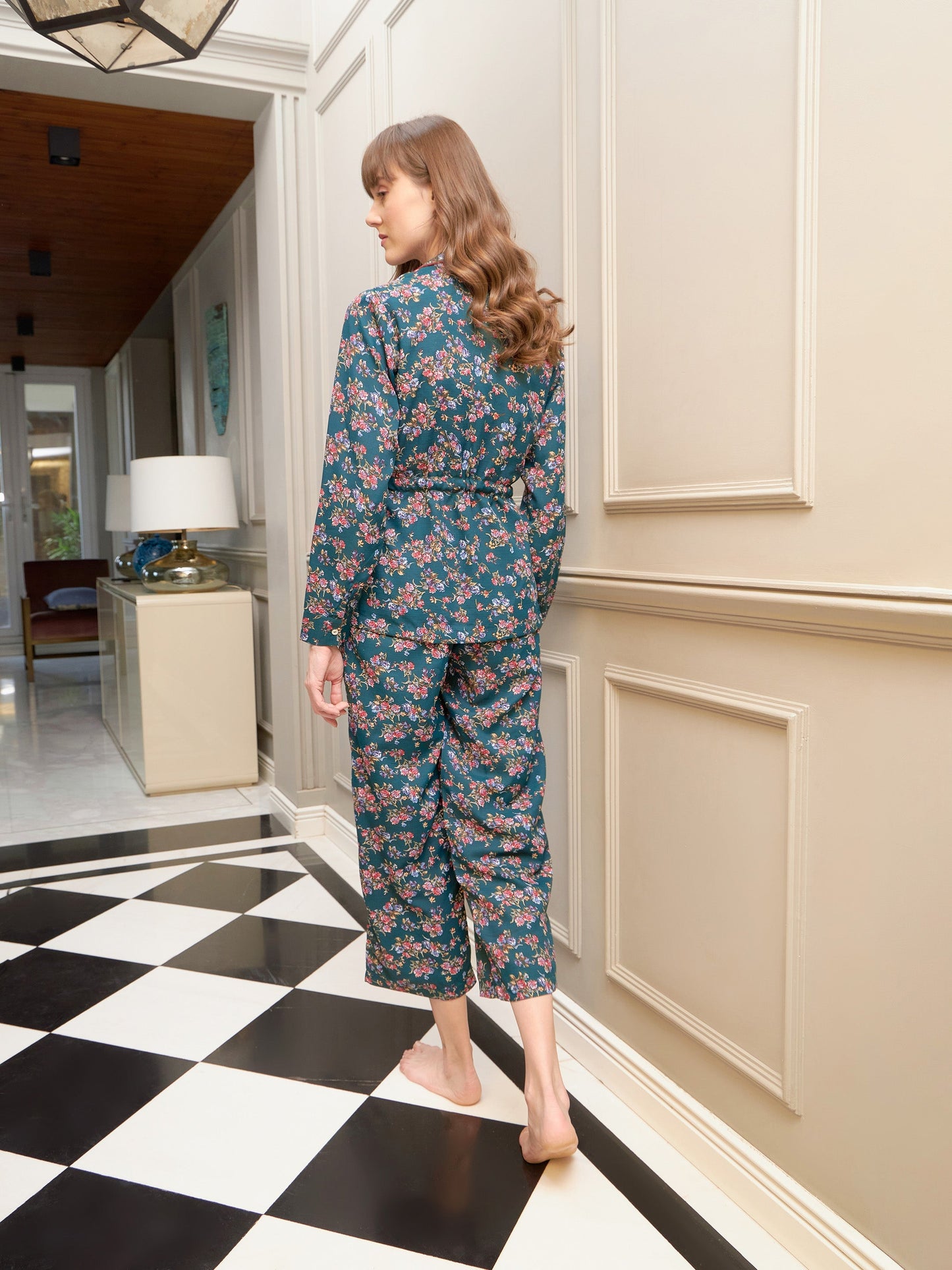 Green Floral Notch Shirt With Lounge Pants & Strappy Top