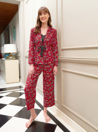 Red Floral Notch Shirt With Lounge Pants & Strappy Top
