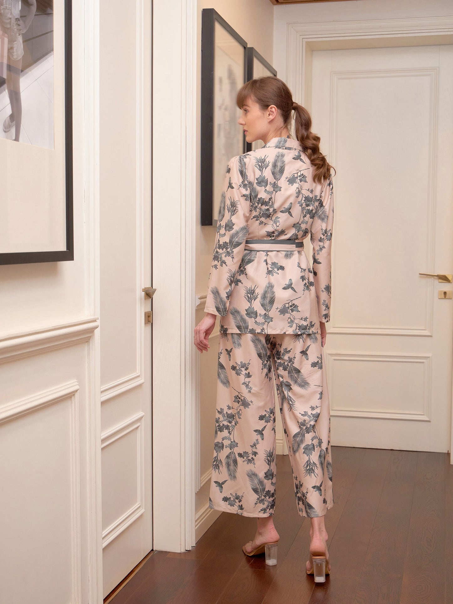Beige Floral Notch Collar Shirt With Lounge Pants