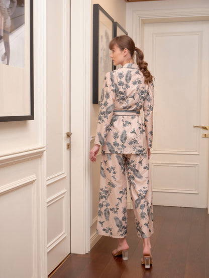 Beige Floral Notch Collar Shirt With Lounge Pants