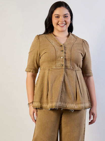 Brown Wash Denim Metal Button Top With Jeans
