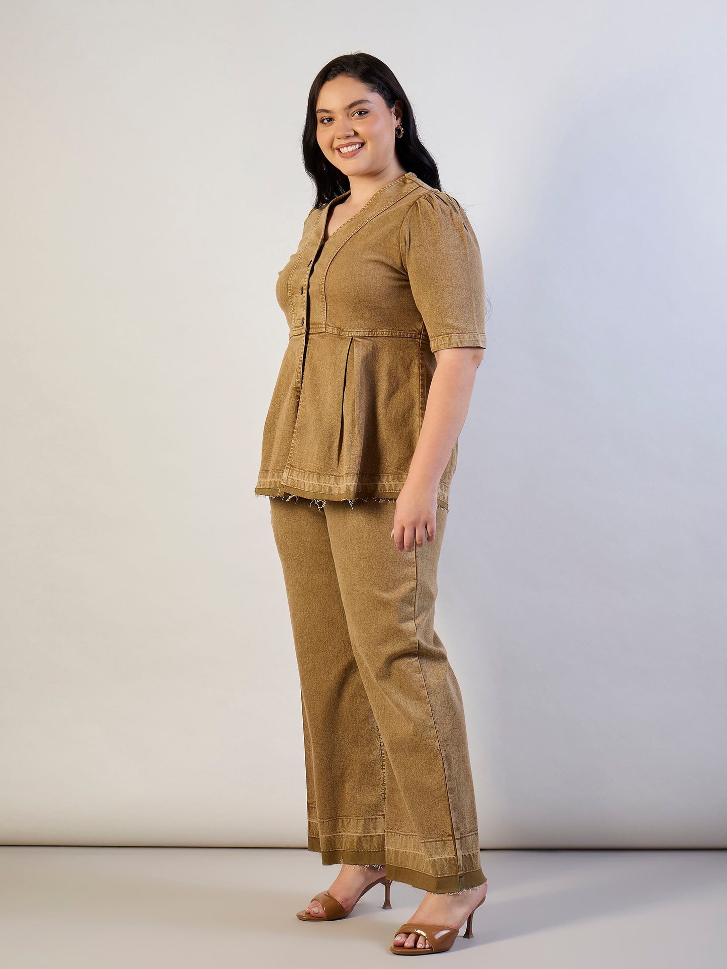 Brown Wash Denim Metal Button Top With Jeans