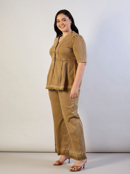 Brown Wash Denim Metal Button Top With Jeans
