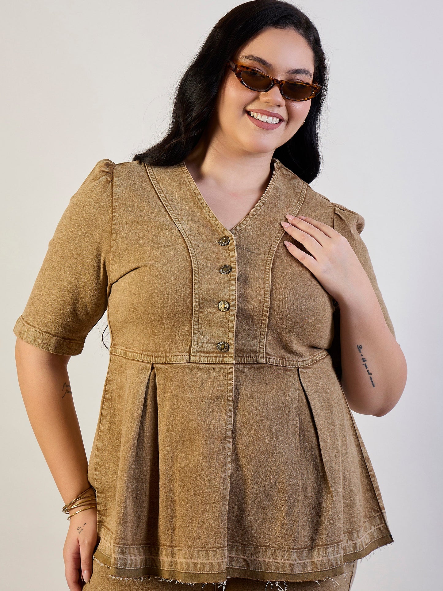 Brown Wash Denim Metal Button Top With Jeans