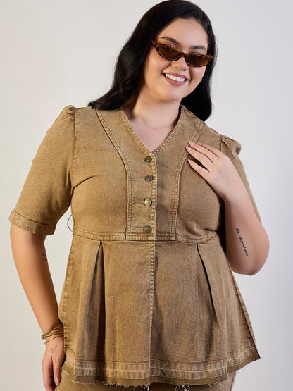 Brown Wash Denim Metal Button Top With Jeans