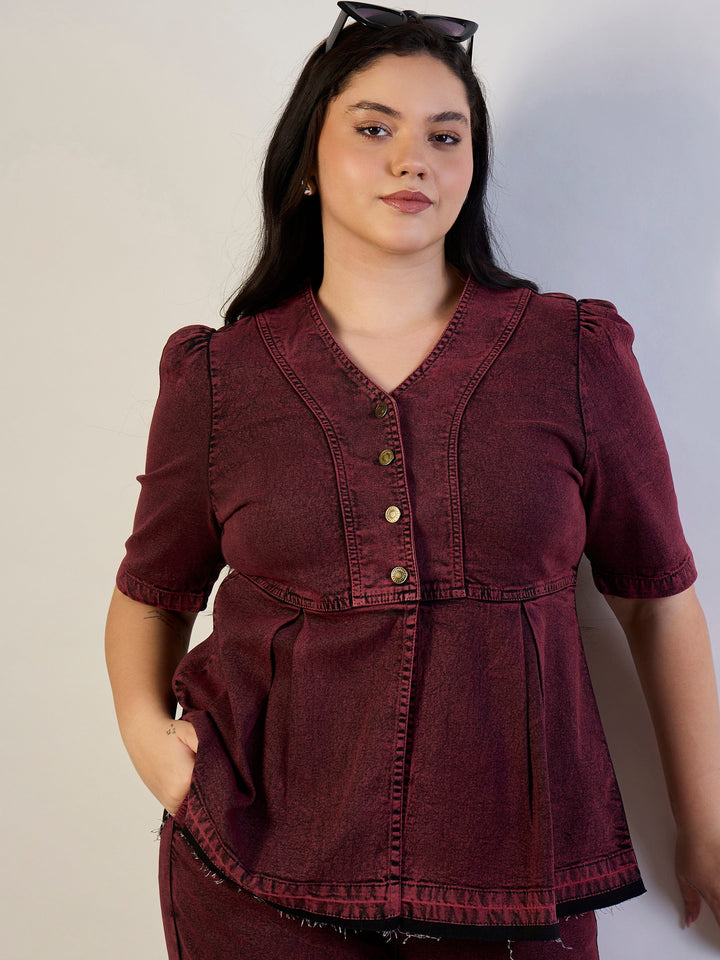 Red Wash Denim Metal Button Top With Jeans-SASSAFRAS CURVE