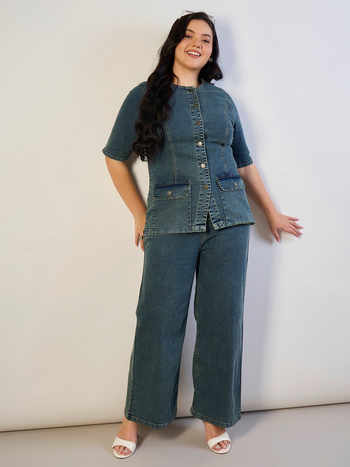 Plus size women's Olive Denim Olive Wash Denim Button Top With Jeans by Sassafras Curve for wholesale buyers, boutiques, resellers and bulk orders