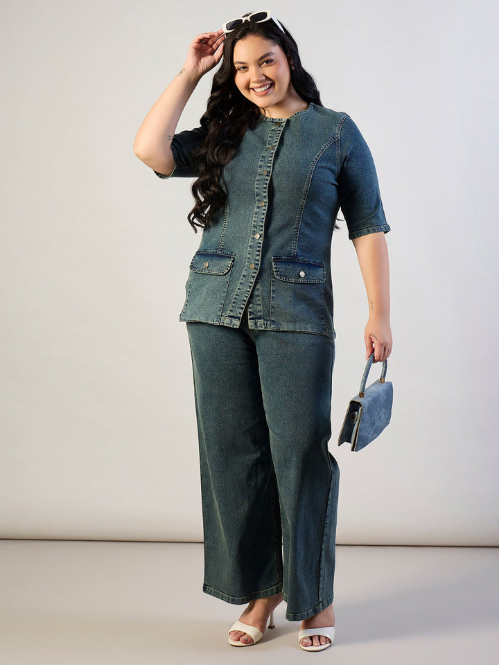 Olive Wash Denim Button Top With Jeans-SASSAFRAS CURVE