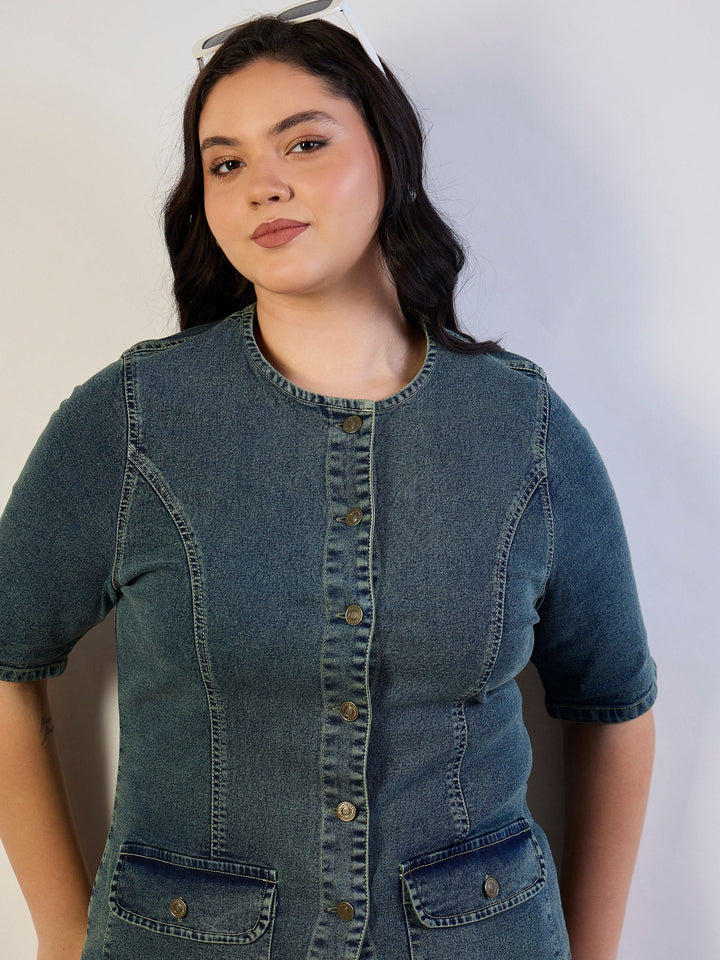 Olive Wash Denim Button Top With Jeans-SASSAFRAS CURVE