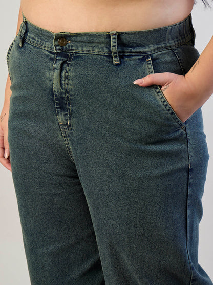 Olive Wash Denim Button Top With Jeans-SASSAFRAS CURVE