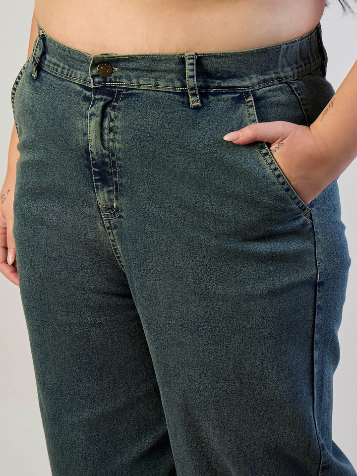 Olive Wash Denim Button Top With Jeans-SASSAFRAS CURVE