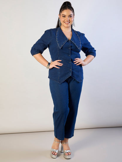 Blue Blast Denim Peter Pan Top With Mom Fit Jeans