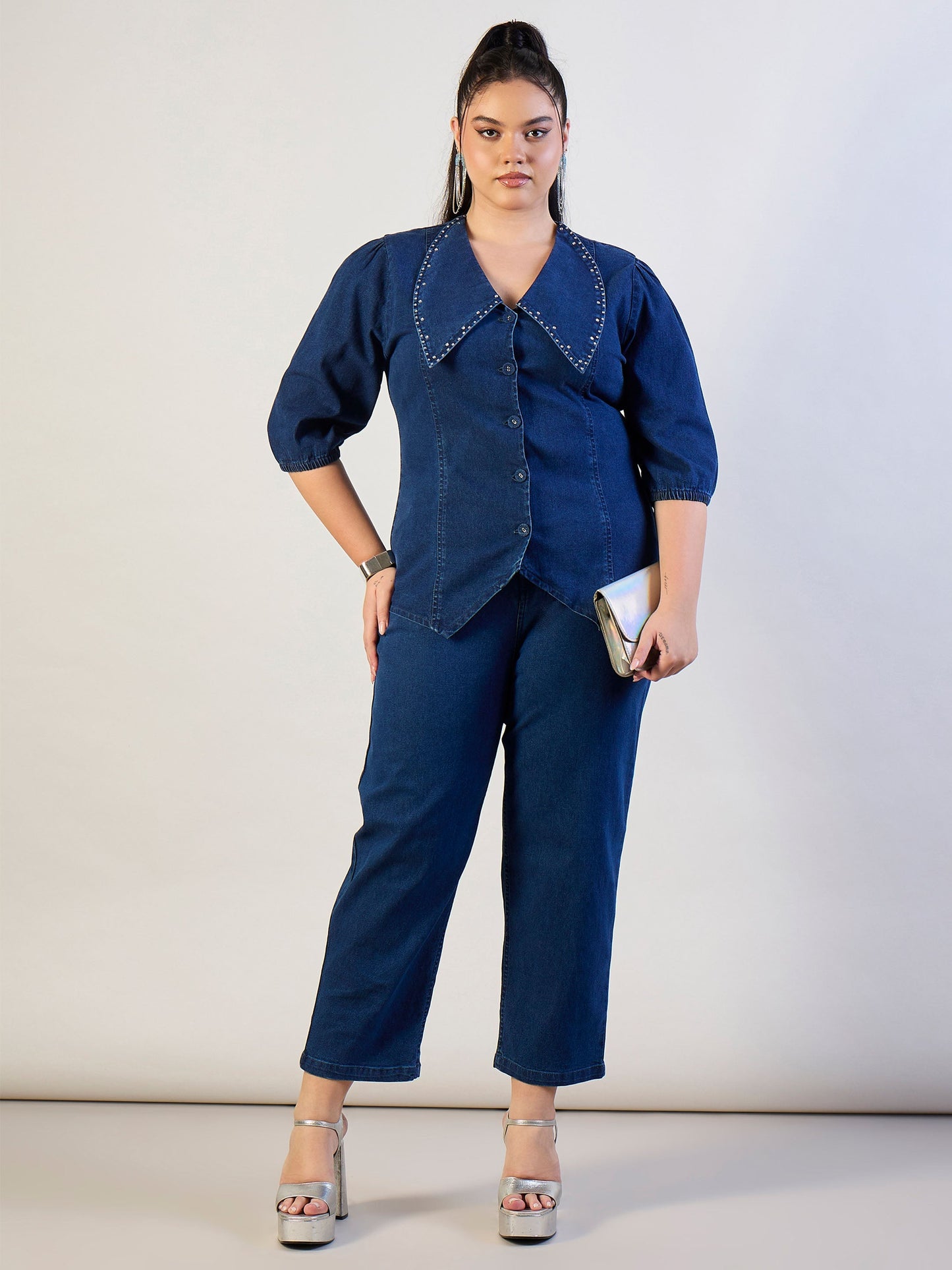 Blue Blast Denim Peter Pan Top With Mom Fit Jeans