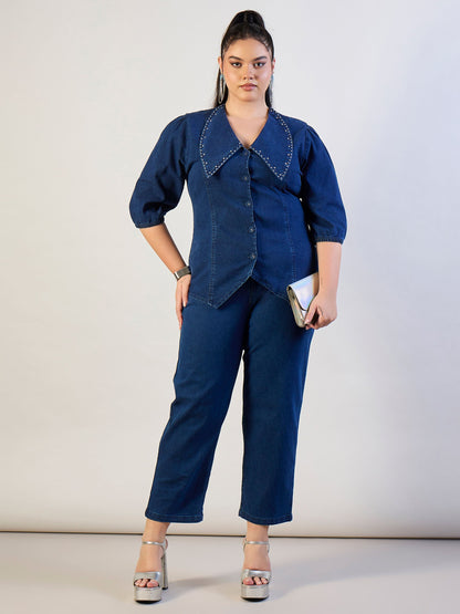 Blue Blast Denim Peter Pan Top With Mom Fit Jeans
