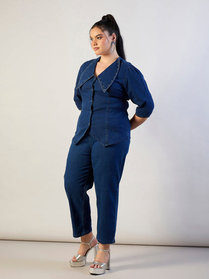 Blue Blast Denim Peter Pan Top With Mom Fit Jeans