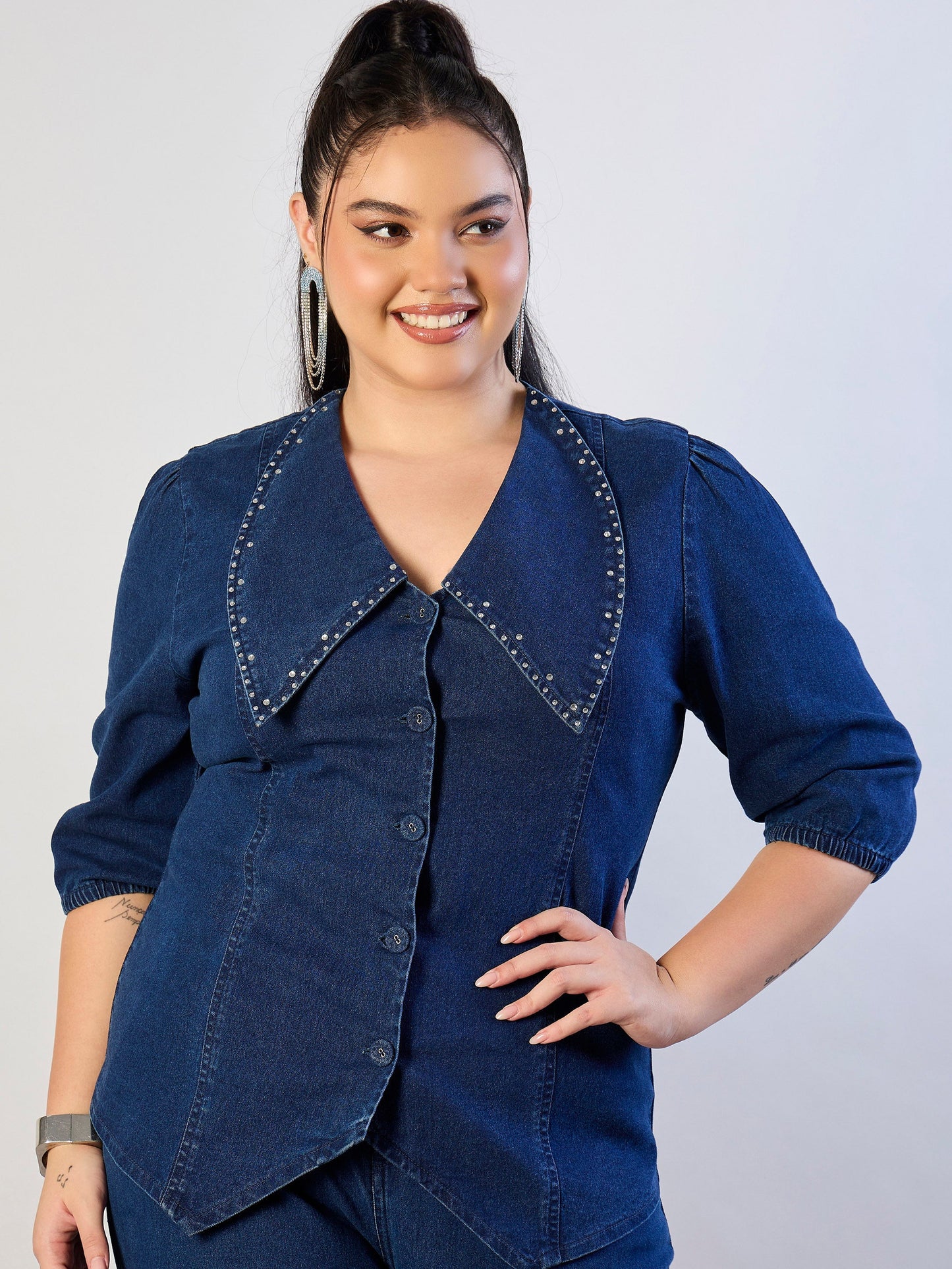 Blue Blast Denim Peter Pan Top With Mom Fit Jeans