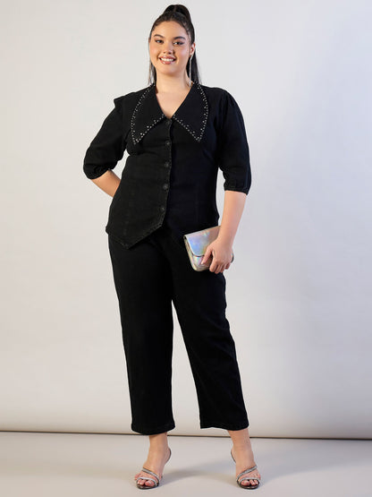 Jet Black Denim Peter Pan Top With Mom Fit Jeans