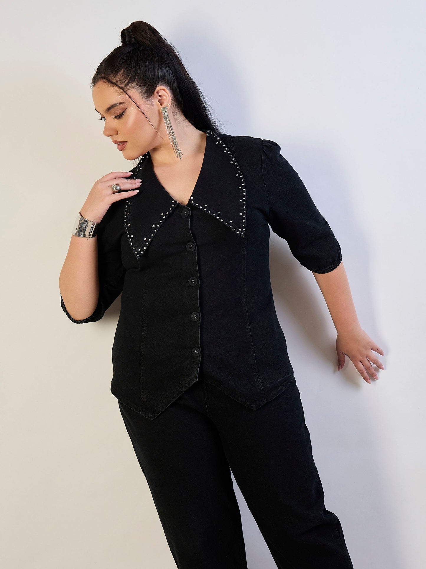 Jet Black Denim Peter Pan Top With Mom Fit Jeans