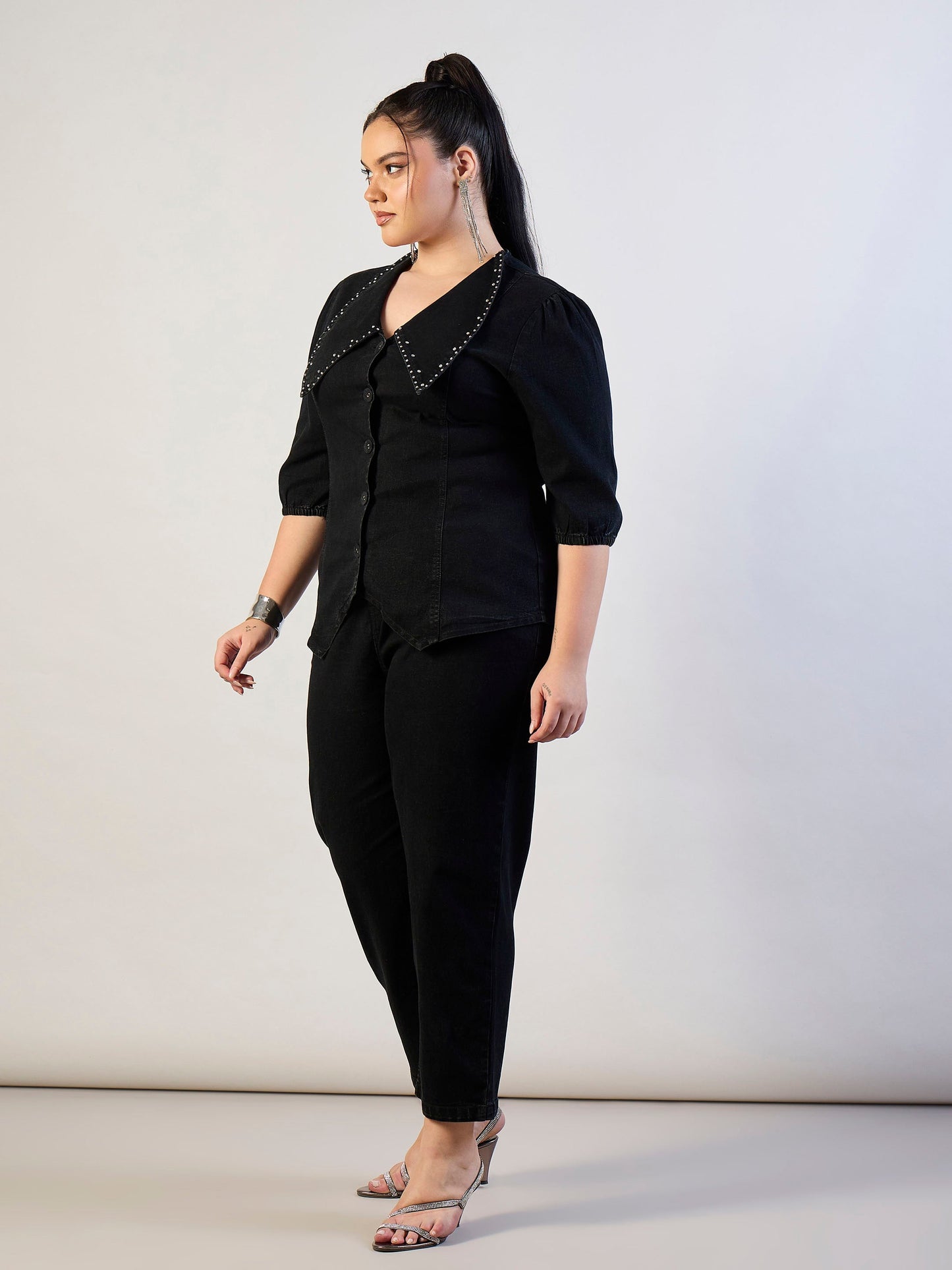 Jet Black Denim Peter Pan Top With Mom Fit Jeans