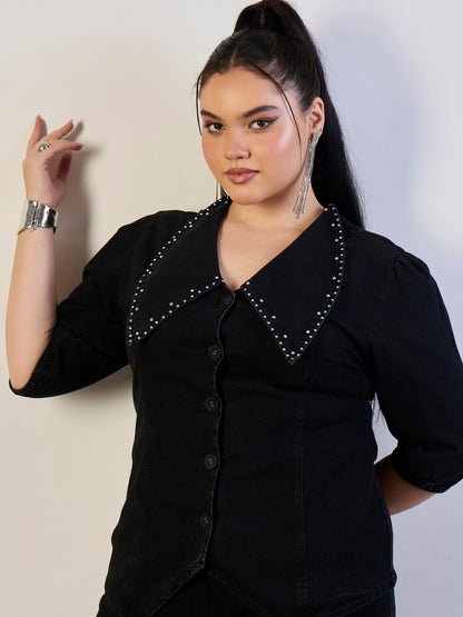 Jet Black Denim Peter Pan Top With Mom Fit Jeans