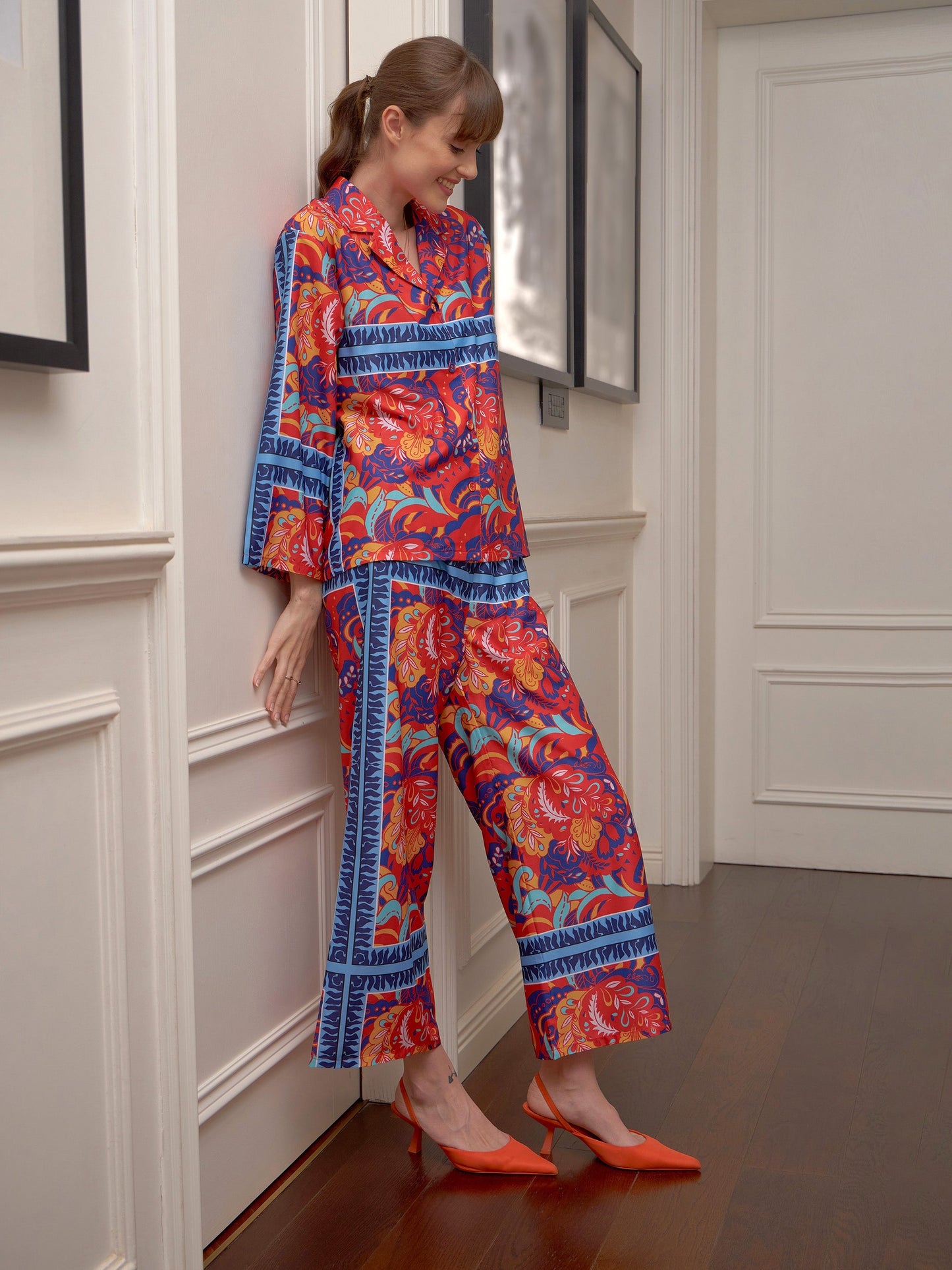 Red Floral Notch Collar Shirt With Lounge Pants