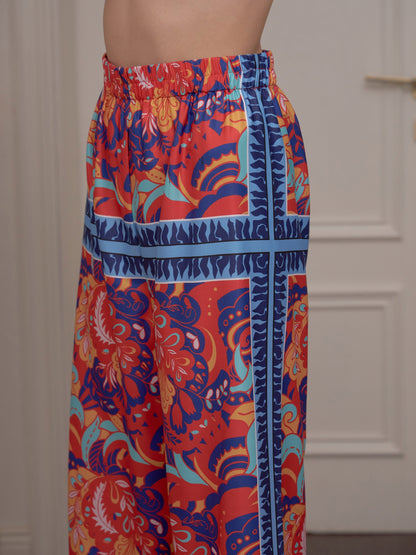 Red Floral Notch Collar Shirt With Lounge Pants