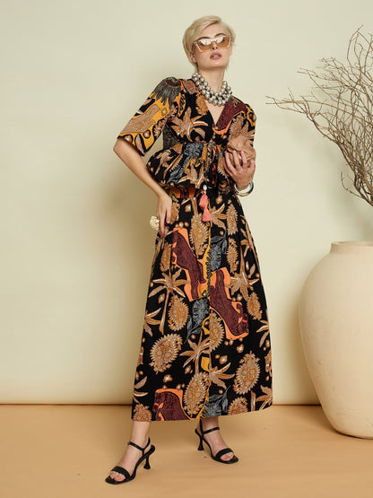 Women Black Boho Printed Peplum Top With Skirt