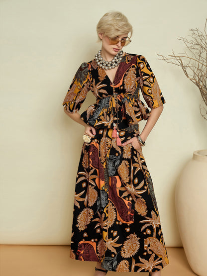 Women Black Boho Printed Peplum Top With Skirt