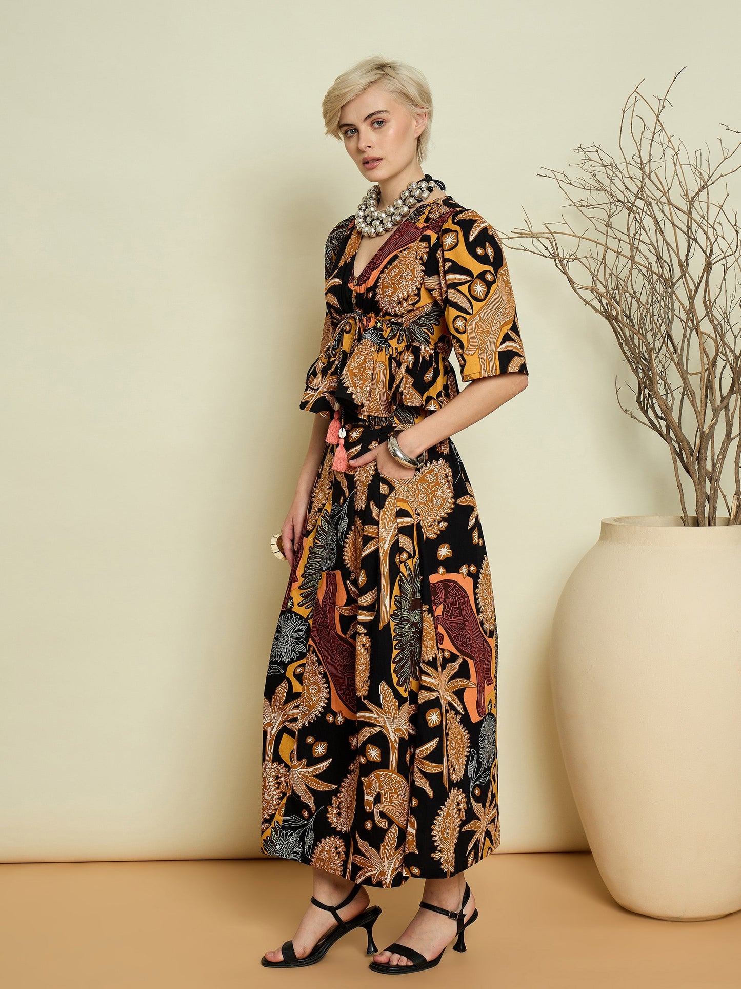 Women Black Boho Printed Peplum Top With Skirt