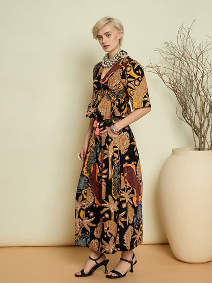 Women Black Boho Printed Peplum Top With Skirt