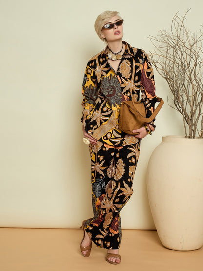 Women Black Boho Printed Shirt With Straight Pants