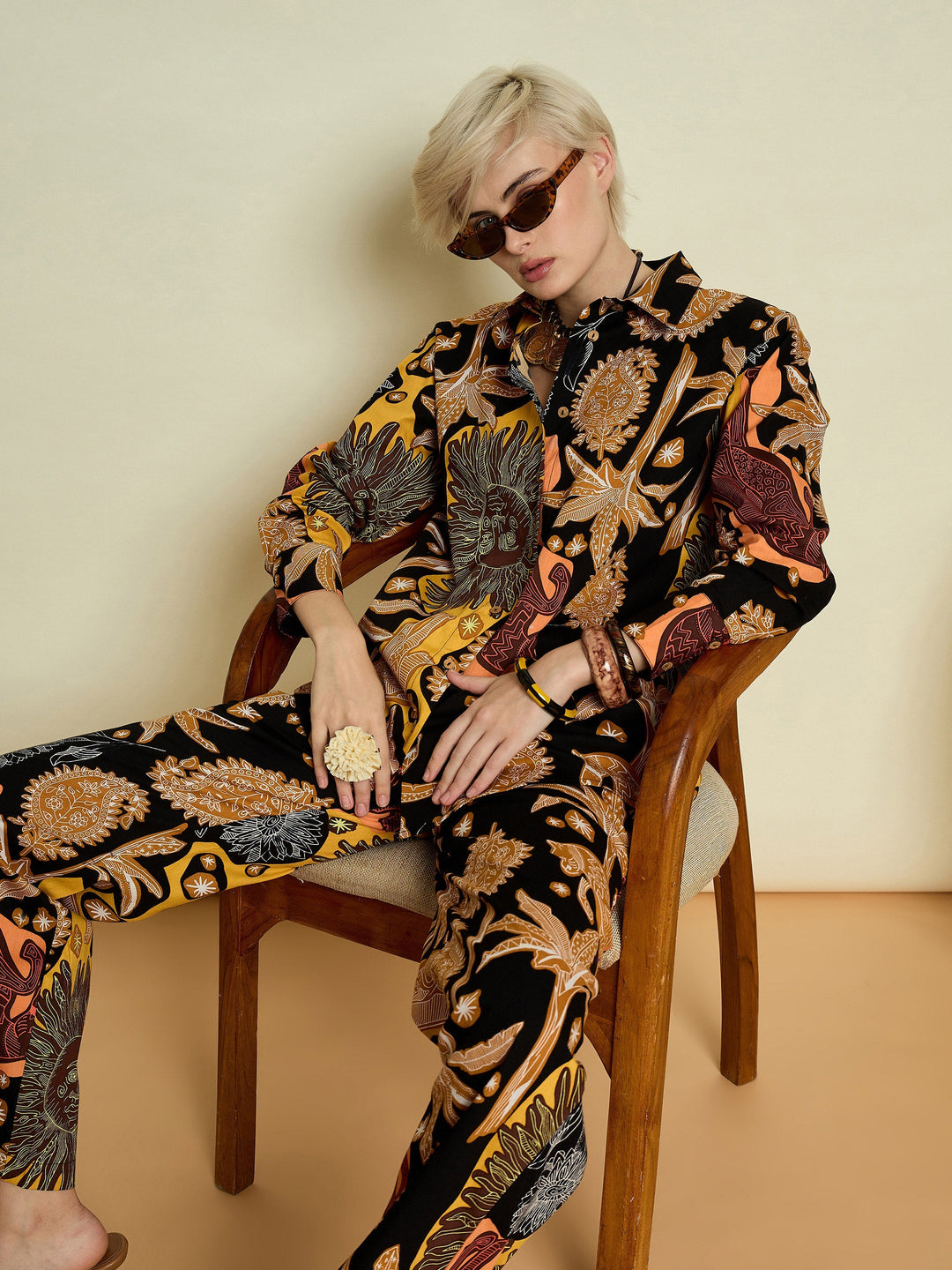 Women Black Boho Printed Shirt With Straight Pants