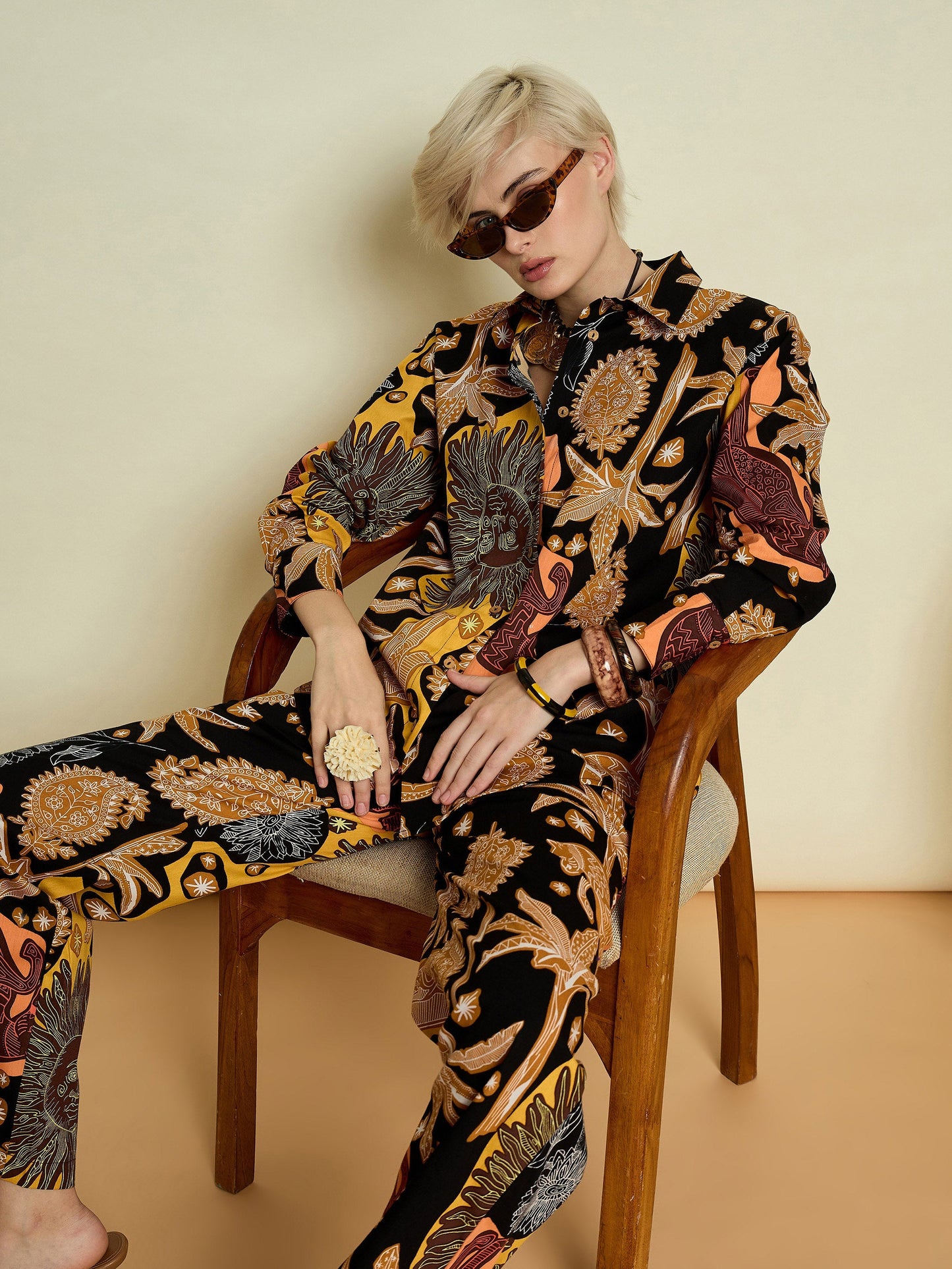 Women Black Boho Printed Shirt With Straight Pants