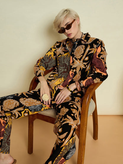 Women Black Boho Printed Shirt With Straight Pants