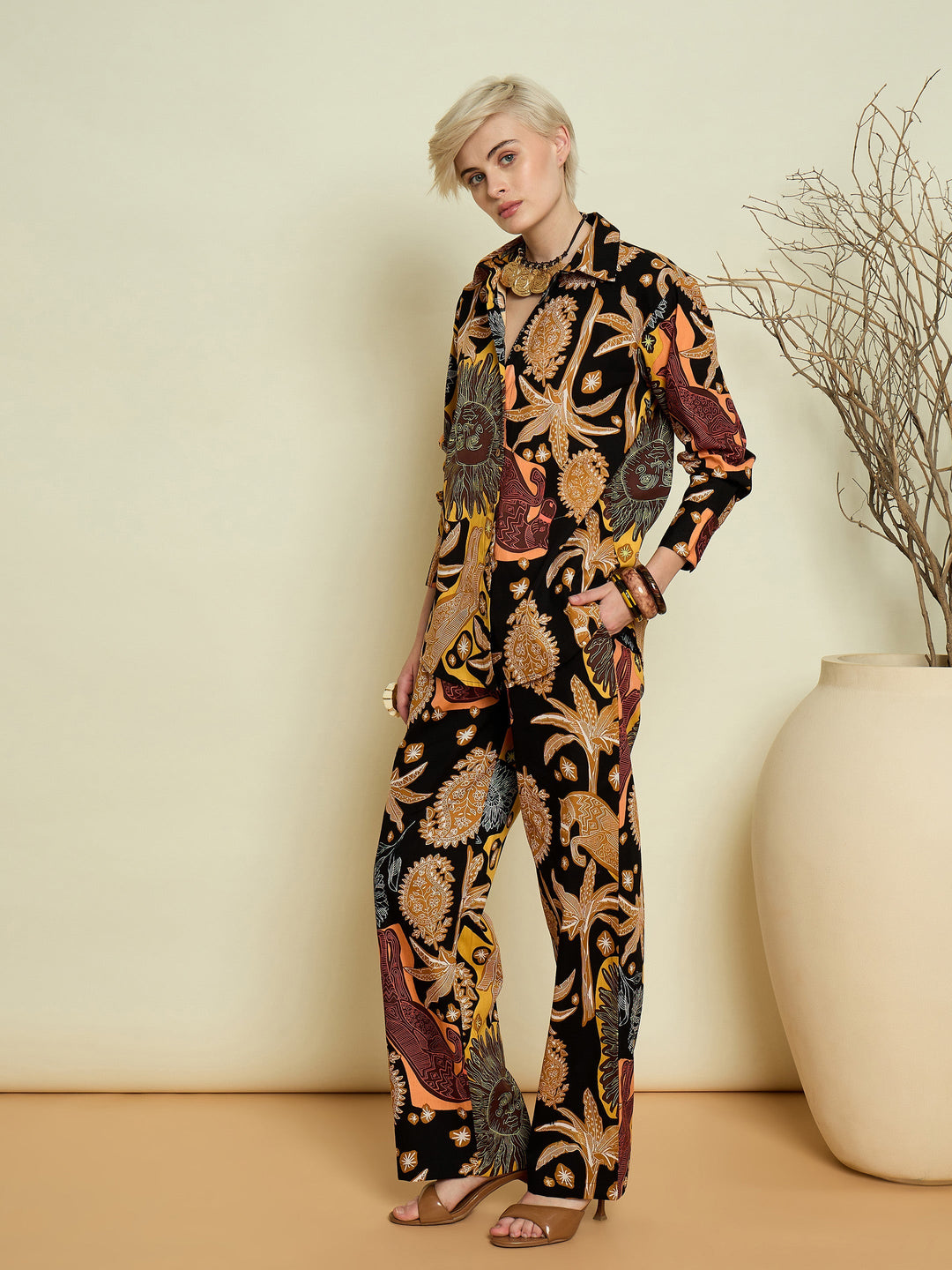 Women Black Boho Printed Shirt With Straight Pants