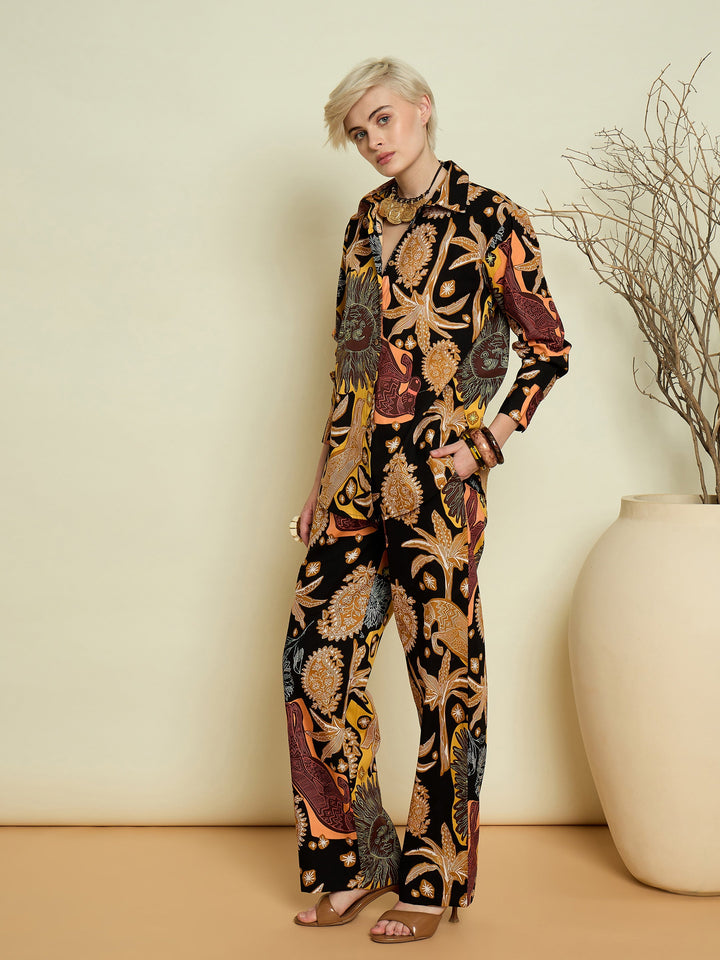 Women Black Boho Printed Shirt With Straight Pants