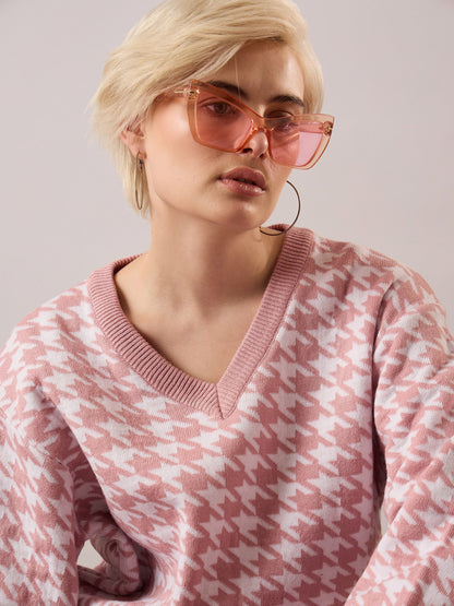 Women Pink & White Houndstooth V-Neck Sweater With Joggers