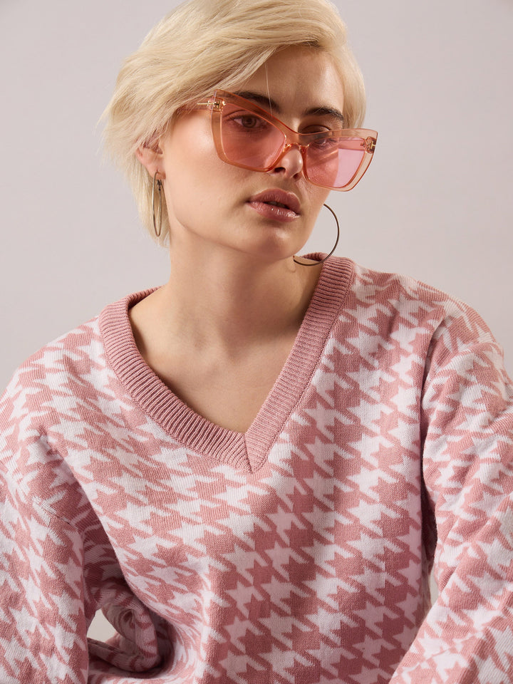 Women Pink &amp; White Houndstooth V-Neck Sweater With Joggers