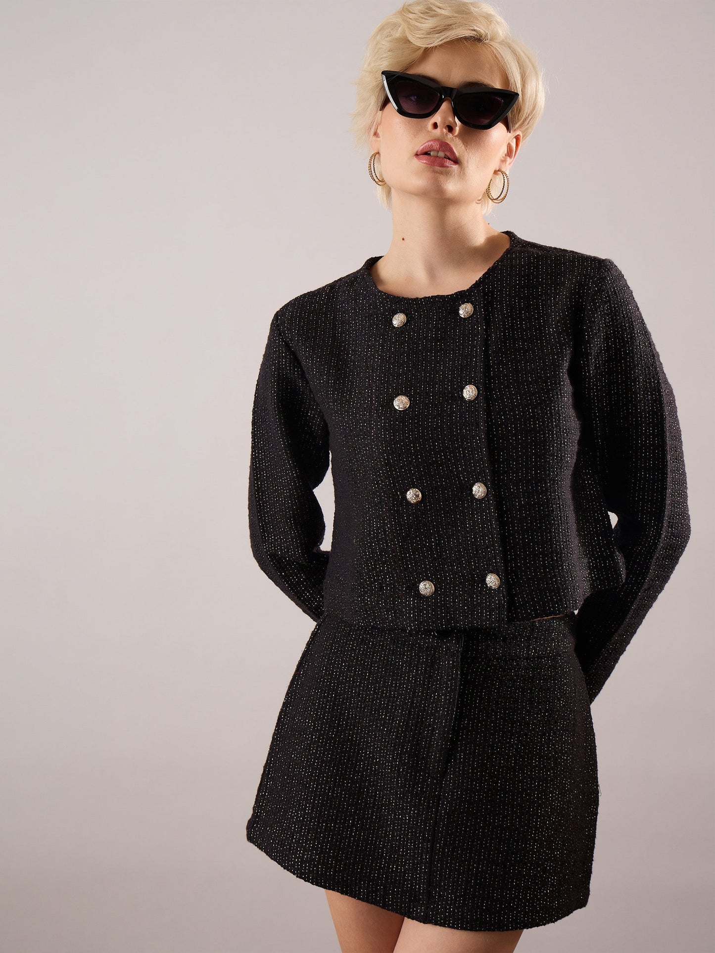 Women Black Tweed Full Sleeves Crop Blazer With Mini Skirt