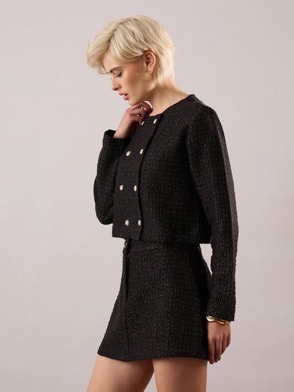 Women Black Tweed Full Sleeves Crop Blazer With Mini Skirt